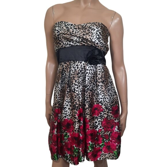 Y2K Satin Babydoll Prom Party Dress Leopard Floral Strapless Rosette Sash M - Picture 2 of 8